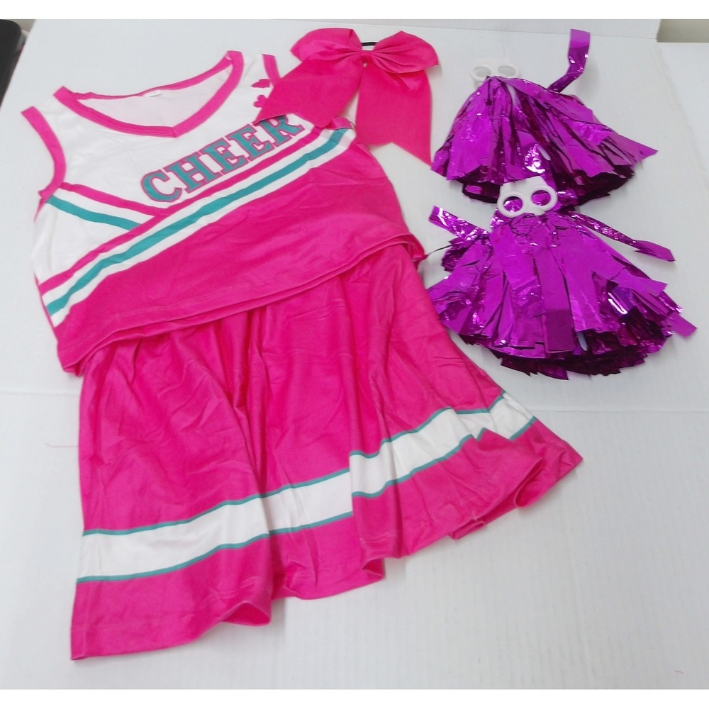 Cheerleader Costume Pink White Uniform‎ Set with Pom Poms NEW 4/5yo /#26569